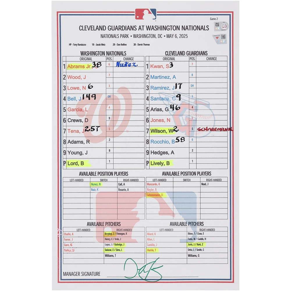 Washington Nationals Game-Used Lineup Card vs. Cleveland Guardians on May 6, 2025 - Game Two of Doubleheader