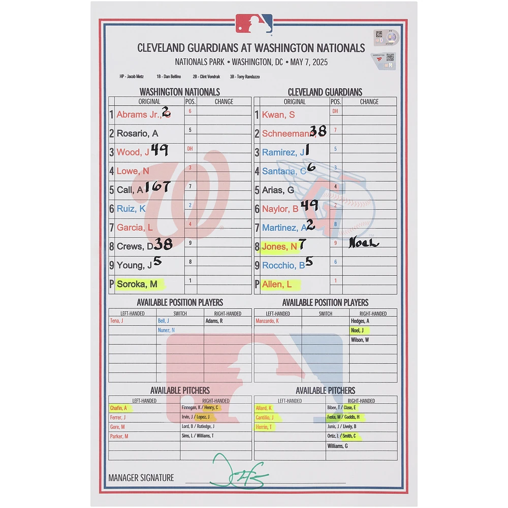 Washington Nationals Game-Used Lineup Card vs. Cleveland Guardians on May 7, 2025