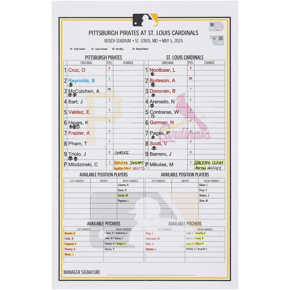 Pittsburgh Pirates Game-Used Lineup Card vs. St. Louis Cardinals on May 5, 2025
