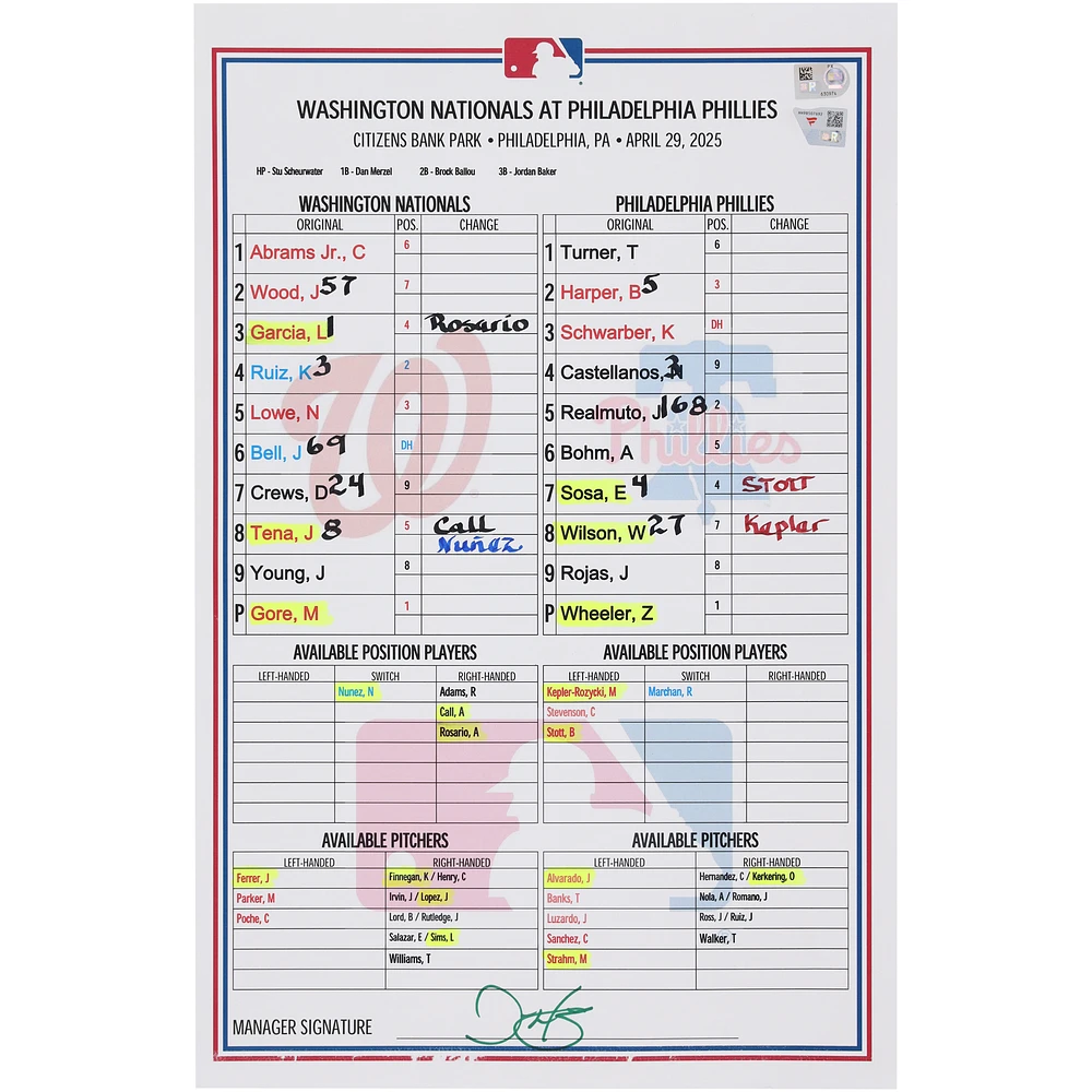 Washington Nationals Game-Used Lineup Card vs. Philadelphia Phillies on April 29, 2025