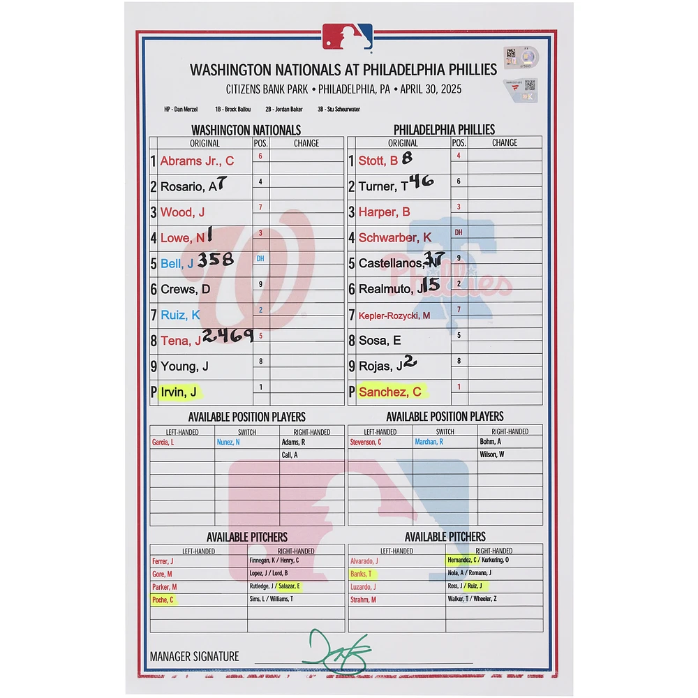 Washington Nationals Game-Used Lineup Card vs. Philadelphia Phillies on April 30, 2025