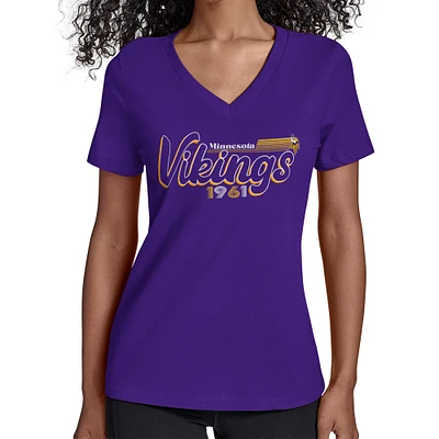 Women's Starter Purple Minnesota Vikings Groovy Script V-Neck T-Shirt