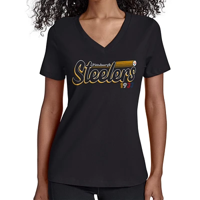 Women's Starter Black Pittsburgh Steelers Groovy Script V-Neck T-Shirt