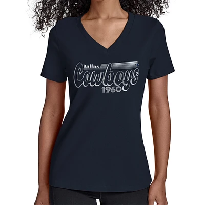 Women's Starter Navy Dallas Cowboys Groovy Script V-Neck T-Shirt