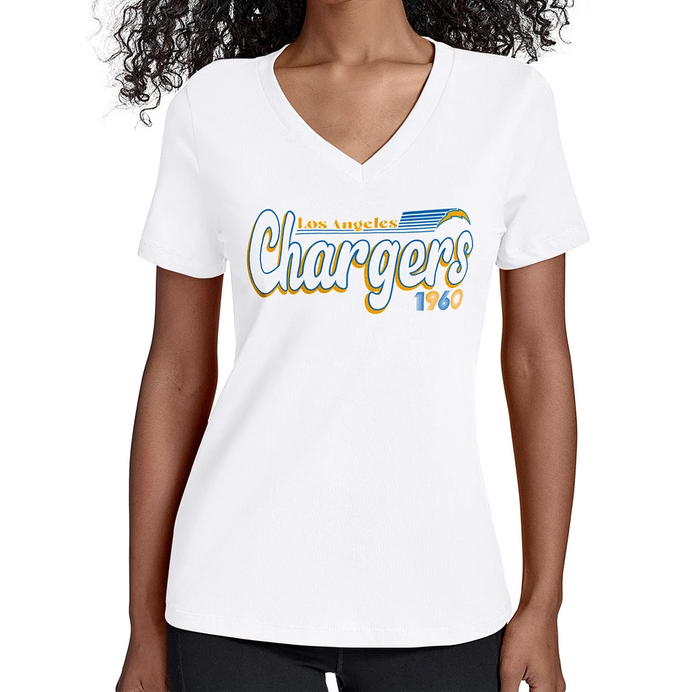 Women's Starter White Los Angeles Chargers Groovy Script V-Neck T-Shirt