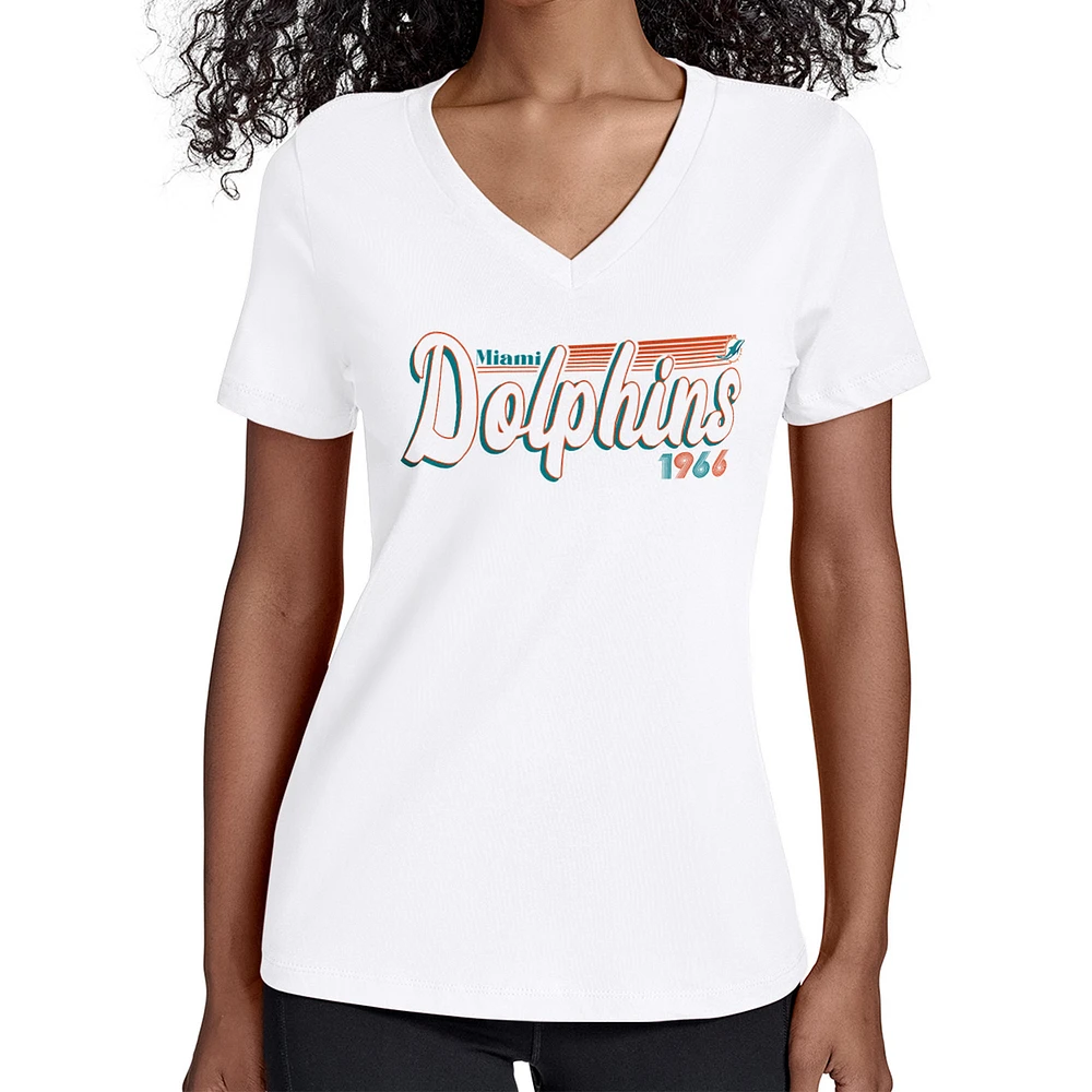 Women's Starter White Miami Dolphins Groovy Script V-Neck T-Shirt