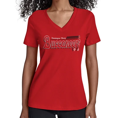 Women's Starter Red Tampa Bay Buccaneers Throwback Groovy Script V-Neck T-Shirt