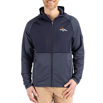 Men's Cutter & Buck Heather Navy Denver Broncos Peshastin Eco Fleece Recycled Raglan Full-Zip Tri-Blend Hybrid Jacket