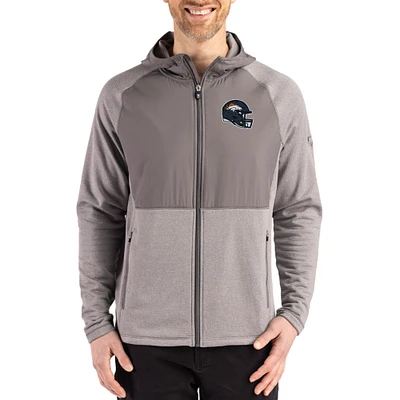 Men's Cutter & Buck Heather Gray Denver Broncos Peshastin Eco Fleece Recycled Raglan Full-Zip Tri-Blend Hybrid Jacket