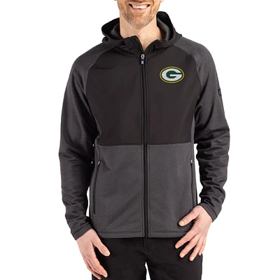 Men's Cutter & Buck Heather Green Bay Packers Peshastin Eco Fleece Recycled Raglan Full-Zip Tri-Blend Hybrid Jacket