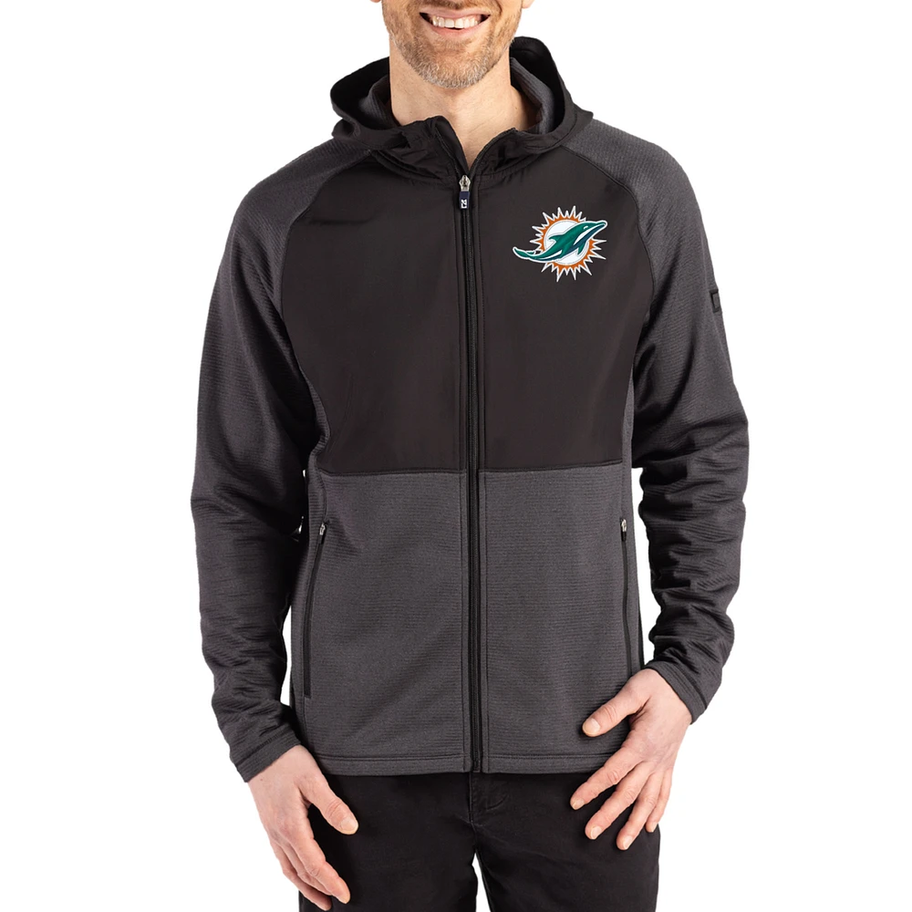 Men's Cutter & Buck Heather Miami Dolphins Peshastin Eco Fleece Recycled Raglan Full-Zip Tri-Blend Hybrid Jacket