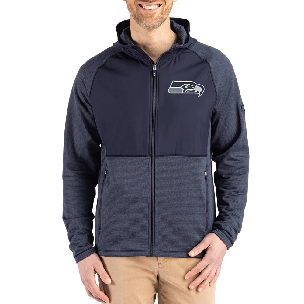 Men's Cutter & Buck Heather College Navy Seattle Seahawks Peshastin Eco Fleece Recycled Raglan Full-Zip Tri-Blend Hybrid Jacket