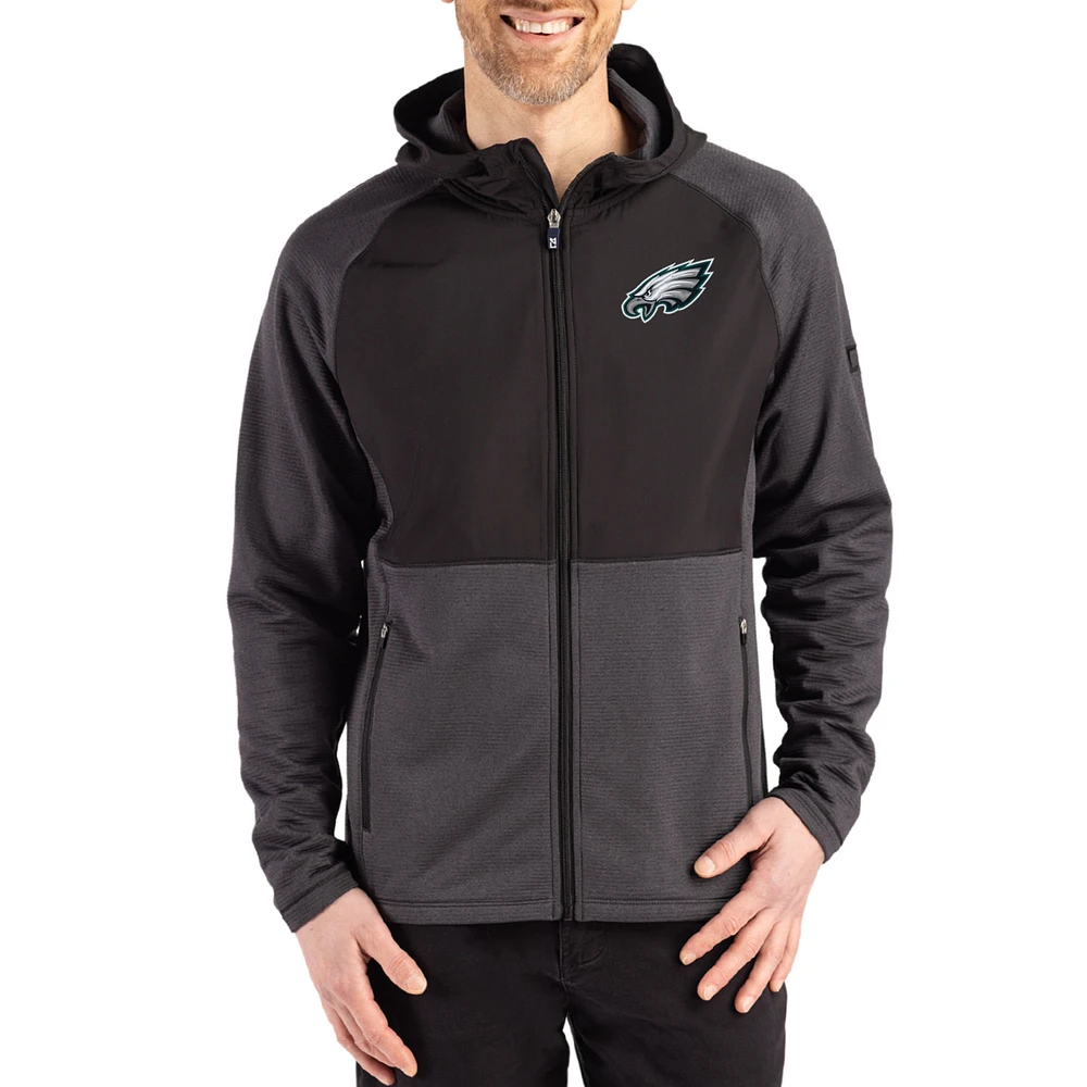 Men's Cutter & Buck Heather Philadelphia Eagles Peshastin Eco Fleece Recycled Raglan Full-Zip Tri-Blend Hybrid Jacket
