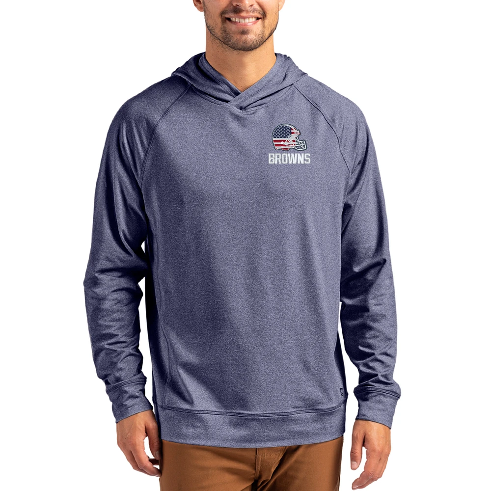 Men's Cutter & Buck Heather Navy Cleveland Browns Adapt Americana Knit Recycled Raglan Pullover Hoodie