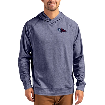 Men's Cutter & Buck Heather Navy Denver Broncos Adapt Americana Knit Recycled Raglan Pullover Hoodie