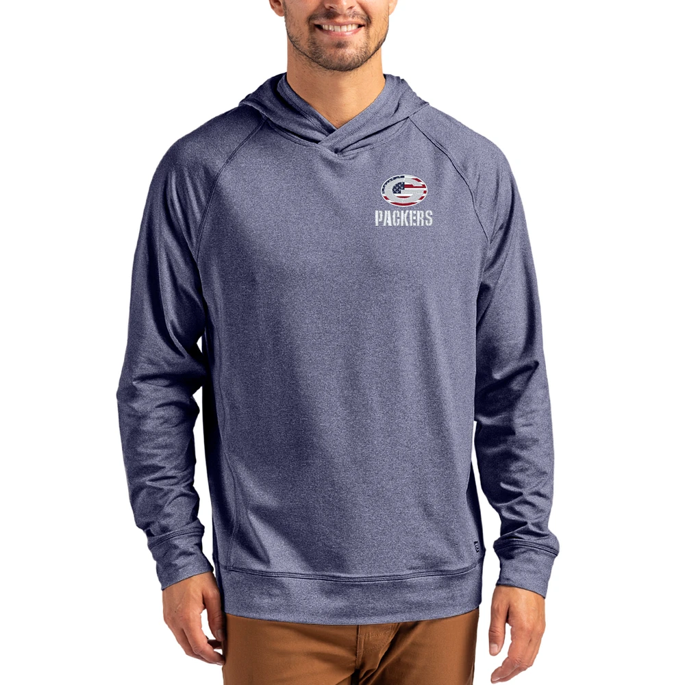 Men's Cutter & Buck Heather Navy Green Bay Packers Adapt Americana Knit Recycled Raglan Pullover Hoodie