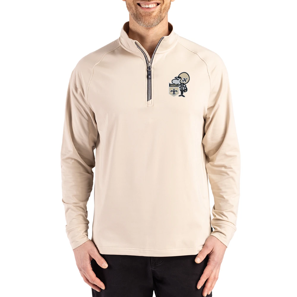 Men's Cutter & Buck Tan New Orleans Saints Throwback Logo Adapt Eco Knit Stretch Recycled Quarter-Zip Pullover