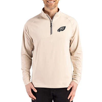 Men's Cutter & Buck Tan Philadelphia Eagles Adapt Eco Knit Stretch Recycled Quarter-Zip Pullover