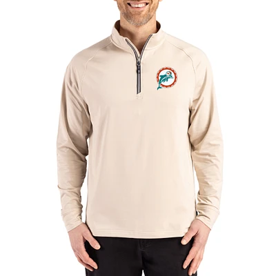 Men's Cutter & Buck Tan Miami Dolphins Throwback Logo Adapt Eco Knit Stretch Recycled Quarter-Zip Pullover