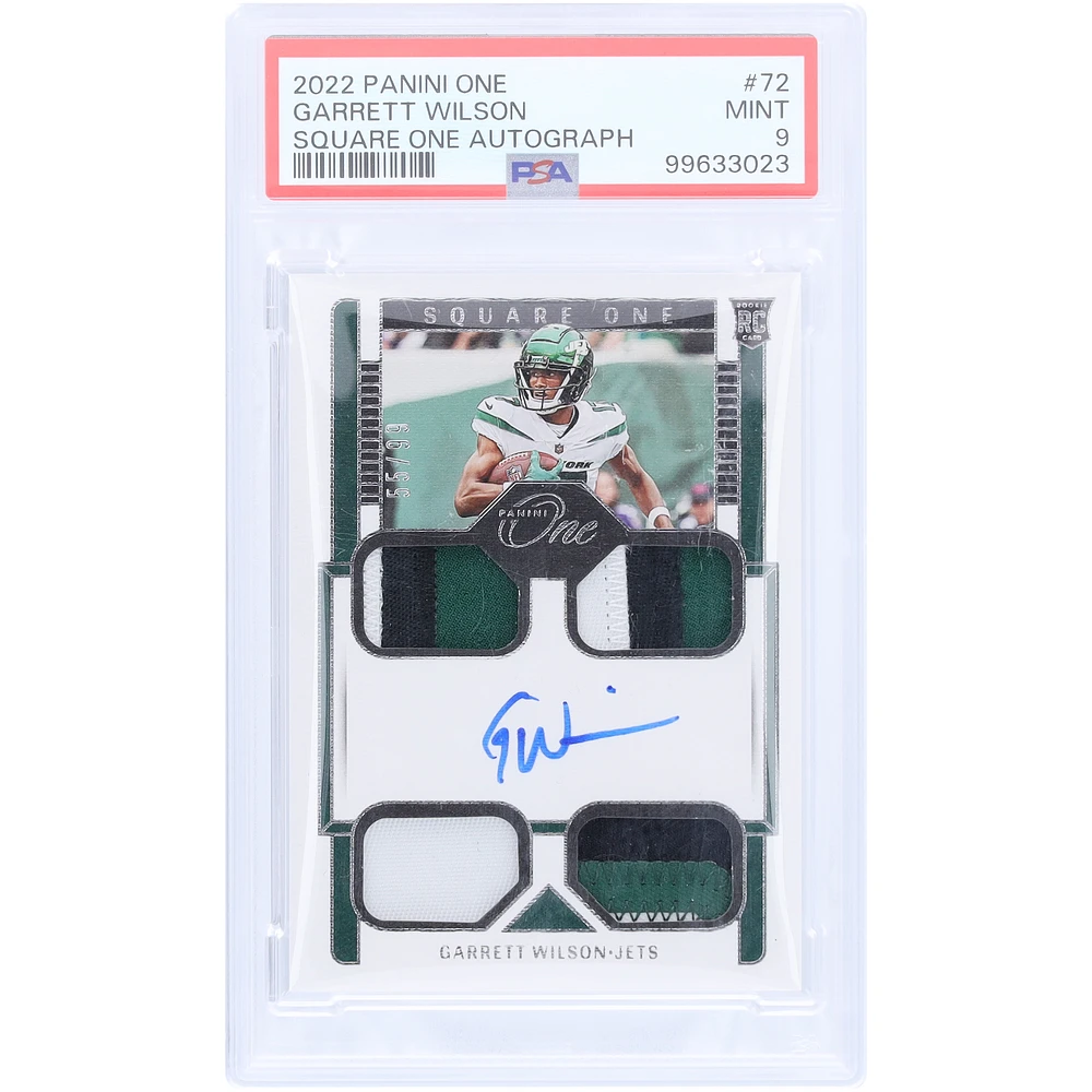 Garrett Wilson New York Jets Autographed 2022 Panini One Square One Quad Relic #72 #55/99 PSA Authenticated 9 Rookie Card