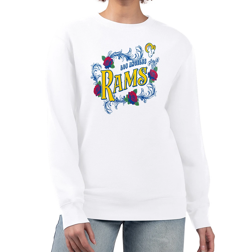 Women's G-III 4Her by Carl Banks White Los Angeles Rams Roses Fleece Tri-Blend Pullover Sweatshirt