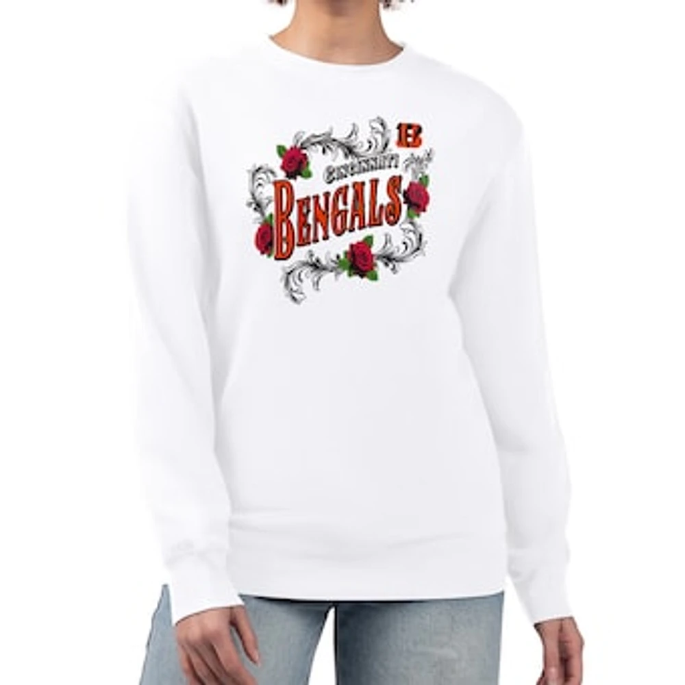 Women's G-III 4Her by Carl Banks White Cincinnati Bengals Roses Fleece Tri-Blend Pullover Sweatshirt