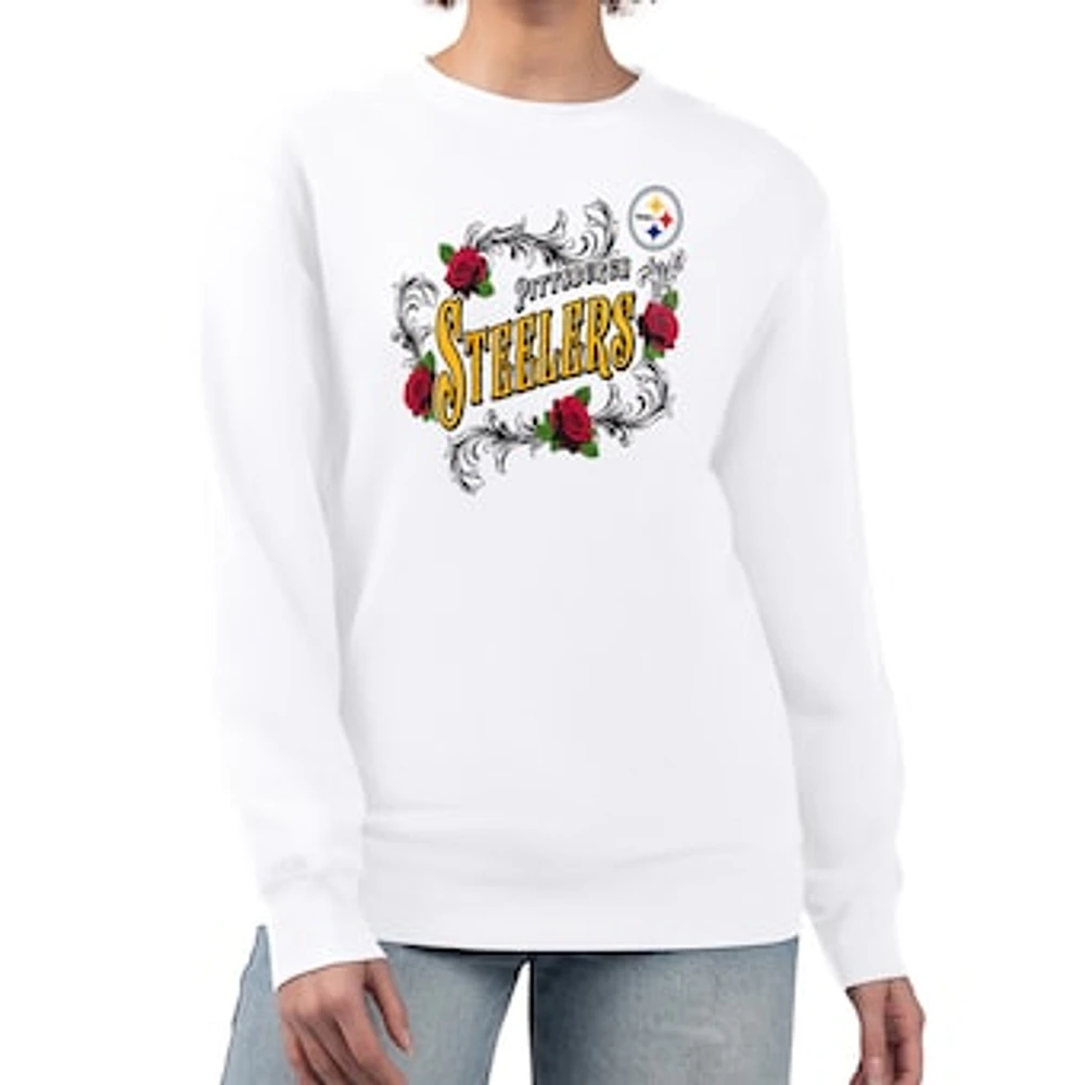 Women's G-III 4Her by Carl Banks White Pittsburgh Steelers Roses Fleece Tri-Blend Pullover Sweatshirt
