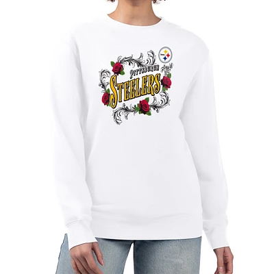 Women's G-III 4Her by Carl Banks White Pittsburgh Steelers Roses Fleece Tri-Blend Pullover Sweatshirt