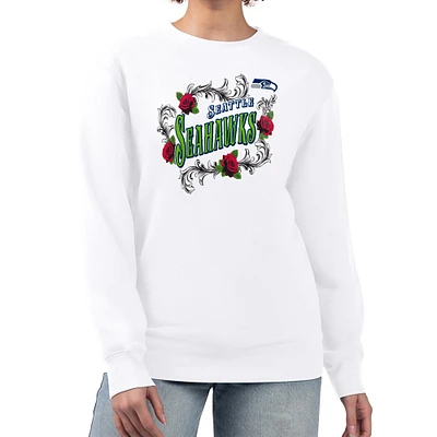 Women's G-III 4Her by Carl Banks White Seattle Seahawks Roses Fleece Tri-Blend Pullover Sweatshirt