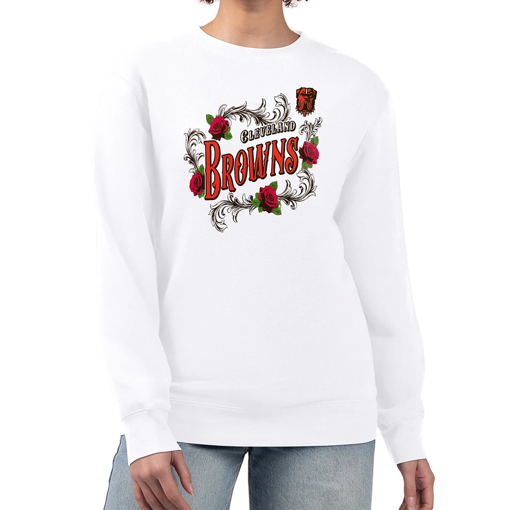 Women's G-III 4Her by Carl Banks White Cleveland Browns Roses Fleece Tri-Blend Pullover Sweatshirt