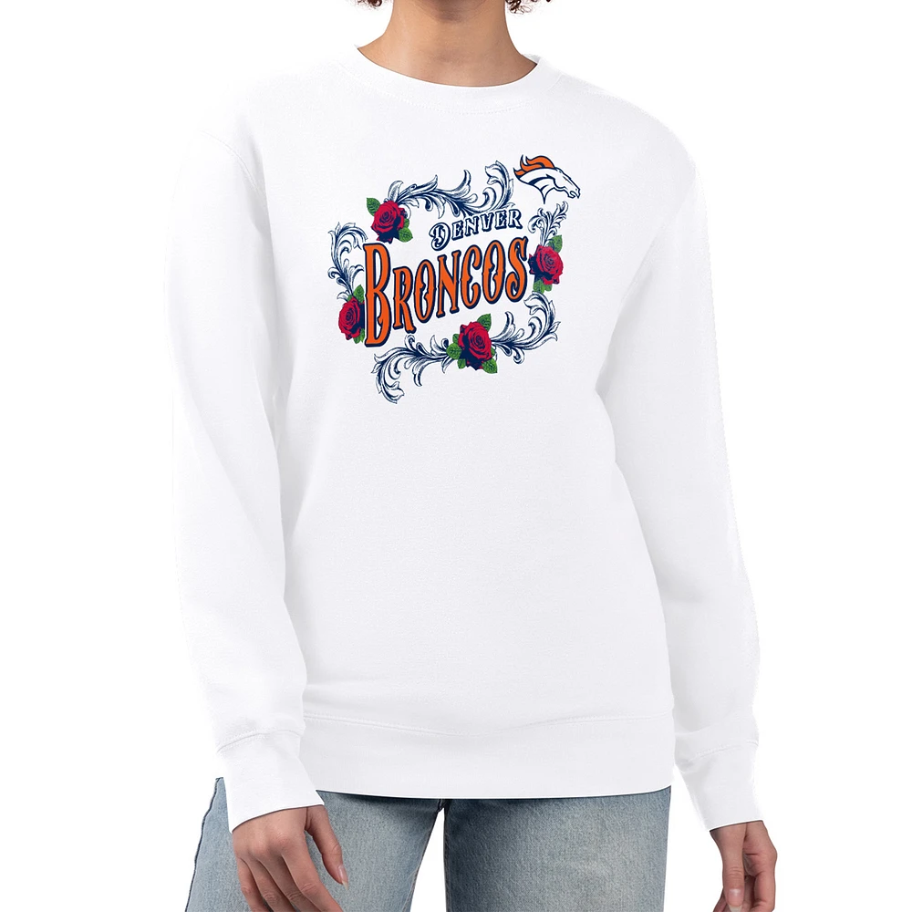 Women's G-III 4Her by Carl Banks White Denver Broncos Roses Fleece Tri-Blend Pullover Sweatshirt