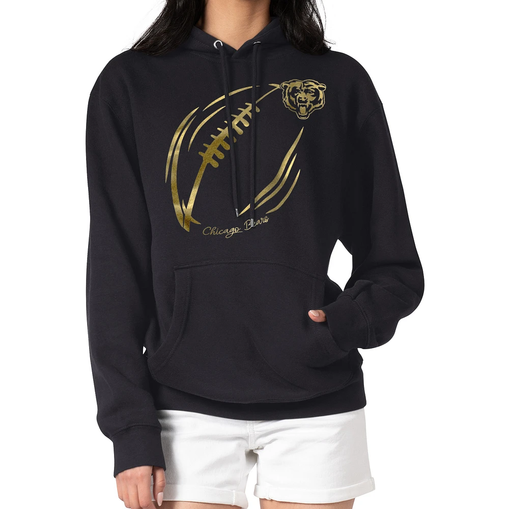 Women's G-III 4Her by Carl Banks Black Chicago Bears Metallic Print Football Sketch Fleece Pullover Hoodie