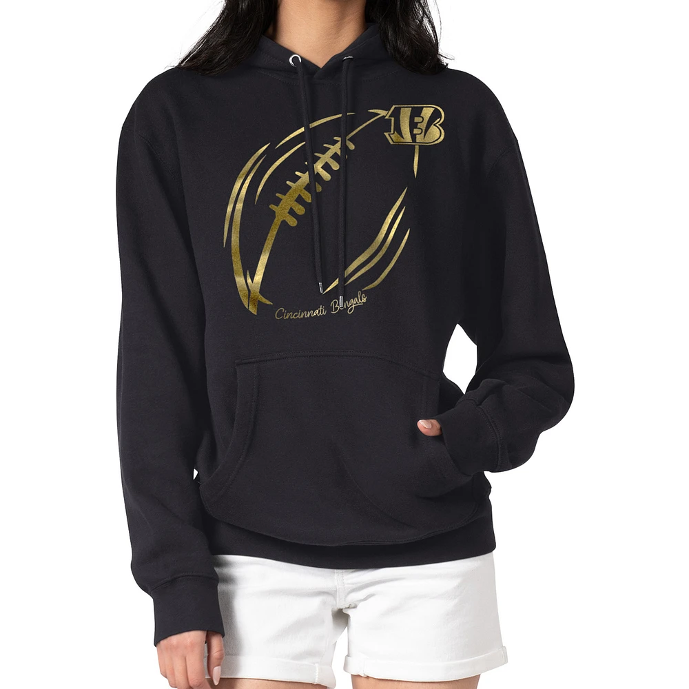 Women's G-III 4Her by Carl Banks Black Cincinnati Bengals Metallic Print Football Sketch Fleece Pullover Hoodie