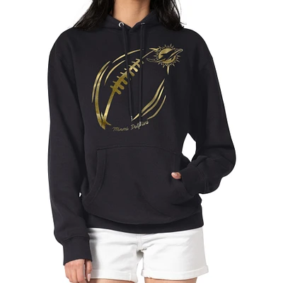 Women's G-III 4Her by Carl Banks Black Miami Dolphins Metallic Print Football Sketch Fleece Pullover Hoodie
