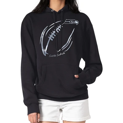 Women's G-III 4Her by Carl Banks Black Seattle Seahawks Metallic Print Football Sketch Fleece Pullover Hoodie