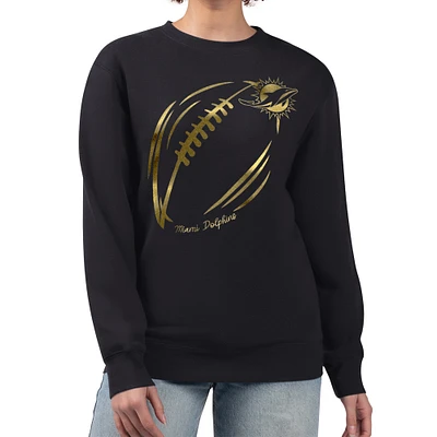 Women's G-III 4Her by Carl Banks Black Miami Dolphins Metallic Print Football Sketch Fleece Crewneck Sweatshirt