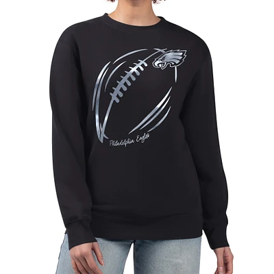 Women's G-III 4Her by Carl Banks Black Philadelphia Eagles Metallic Print Football Sketch Fleece Crewneck Sweatshirt