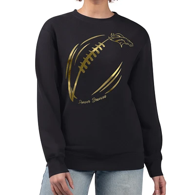 Women's G-III 4Her by Carl Banks Black Denver Broncos Metallic Print Football Sketch Fleece Crewneck Sweatshirt