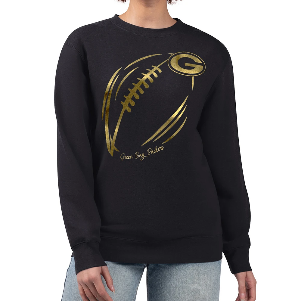 Women's G-III 4Her by Carl Banks Black Green Bay Packers Metallic Print Football Sketch Fleece Crewneck Sweatshirt