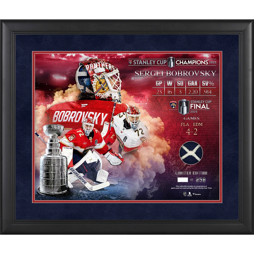 Sergei Bobrovsky Florida Panthers 2025 Stanley Cup Champions Framed 16" x 20" Collage with a Piece of Game-Used Net from the 2025 Stanley Cup Final - Limited Edition of 250