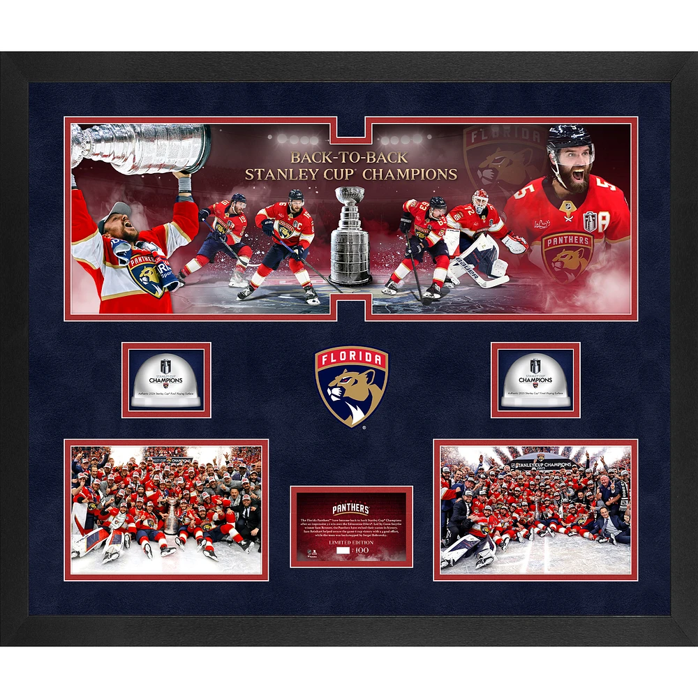 Florida Panthers 2025 Stanley Cup Champions Framed 20'' x 24'' 3-Photograph Collage with Dual Game-Used Ice from the 2024 & 2025 Stanley Cup Final - Limited Edition of 100