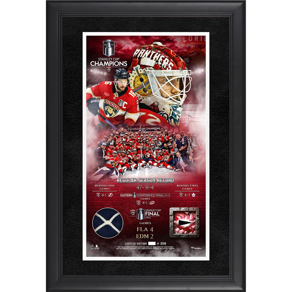 Florida Panthers 2025 Stanley Cup Champions Framed 10" x 18" Collage with a Piece of Game-Used Net from the 2025 Stanley Cup Final & Puck from the 24-25 Season - Limited Edition of 250