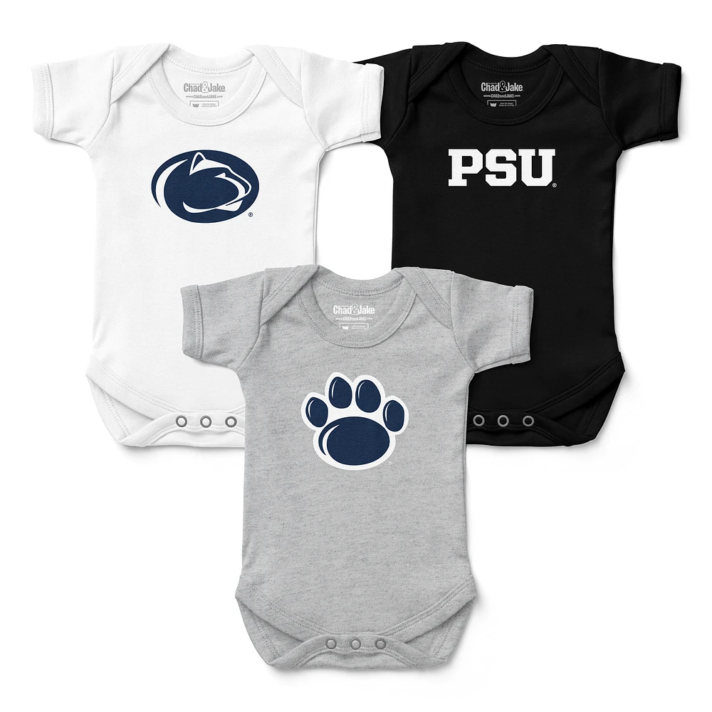 Newborn & Infant Chad Jake White/Gray/Black Penn State Nittany Lions Three-Pack Primary Logo Bodysuit Set