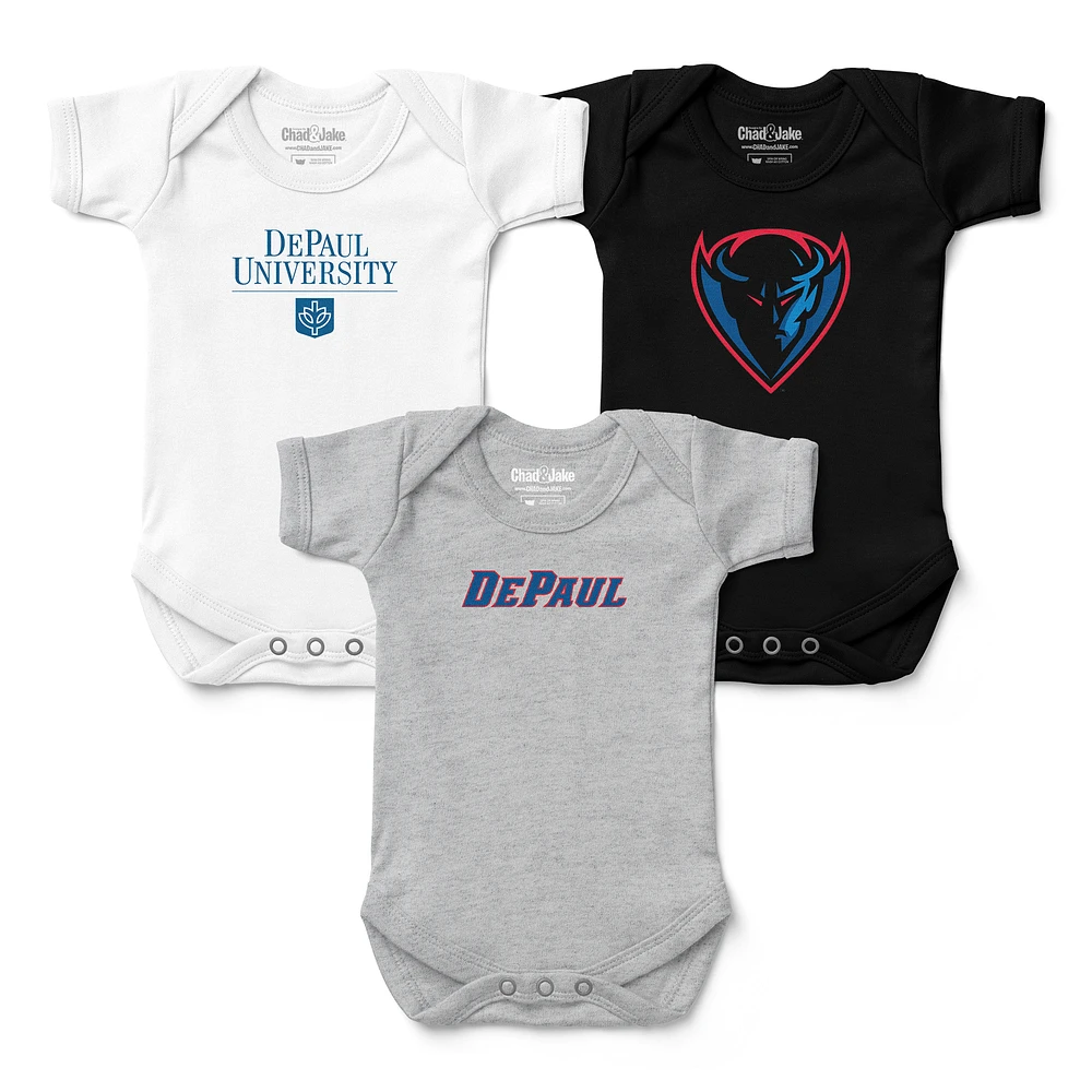 Newborn & Infant Chad Jake White/Gray/Black DePaul Blue Demons Three-Pack Primary Logo Bodysuit Set