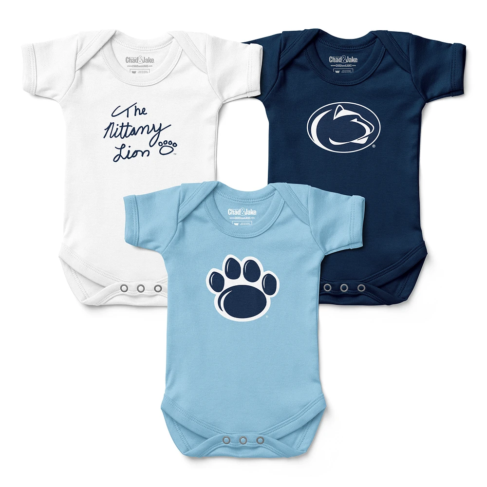 Newborn & Infant Chad Jake White/Light Blue/Navy Penn State Nittany Lions Three-Pack Primary Logo Bodysuit Set