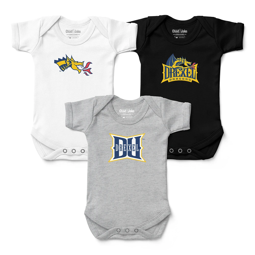 Newborn & Infant Chad Jake White/Gray/Black Drexel Dragons Three-Pack Primary Logo Bodysuit Set