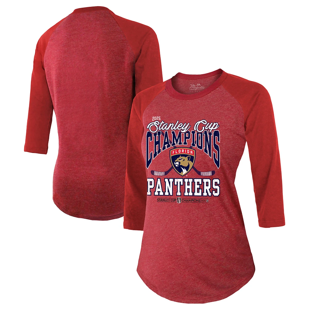 Women's Majestic Threads Red Florida Panthers 2025 Stanley Cup Champions 3/4-Sleeve Raglan Tri-Blend T-Shirt