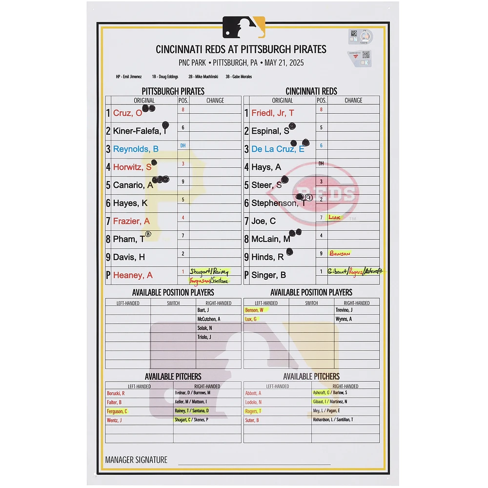 Pittsburgh Pirates Game-Used Lineup Card vs. Cincinnati Reds on May 21, 2025