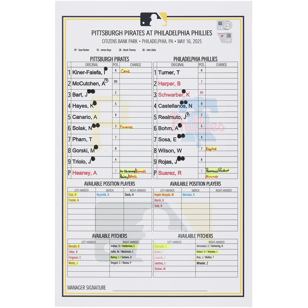 Pittsburgh Pirates Game-Used Lineup Card vs. Philadelphia Phillies on May 16, 2025