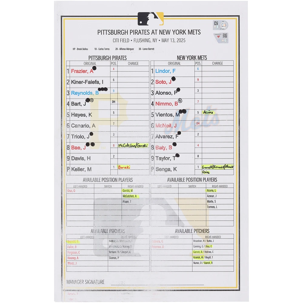 Pittsburgh Pirates Game-Used Lineup Card vs. New York Mets on May 13, 2025